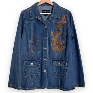 Fusha Jeans Medium Wash Denim Jacket With Embroidered Leaves Women's Size L
